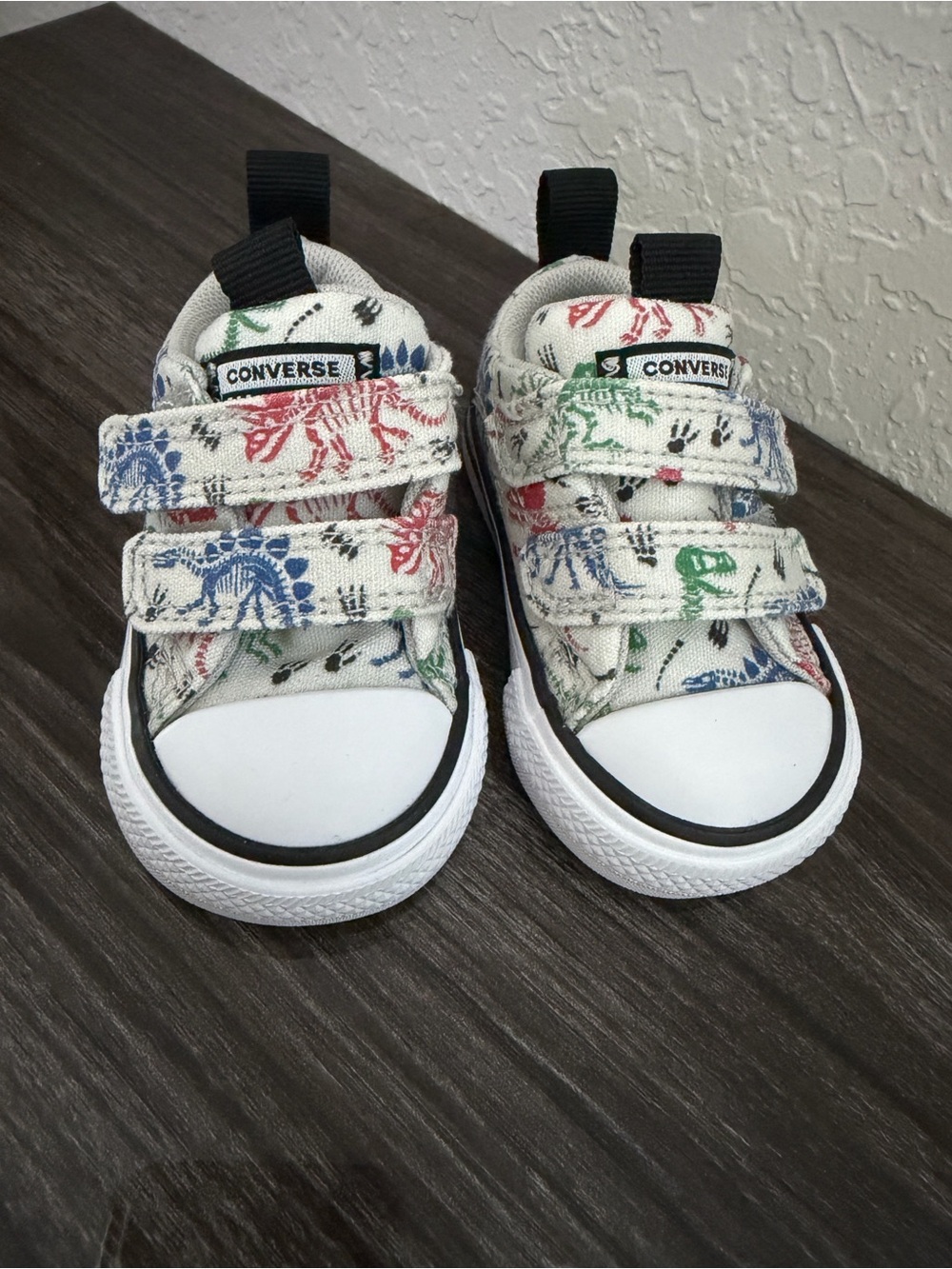 Converse Kids White Canvas Dinosaur Velcro Sneakers with Red Blue Green Accents